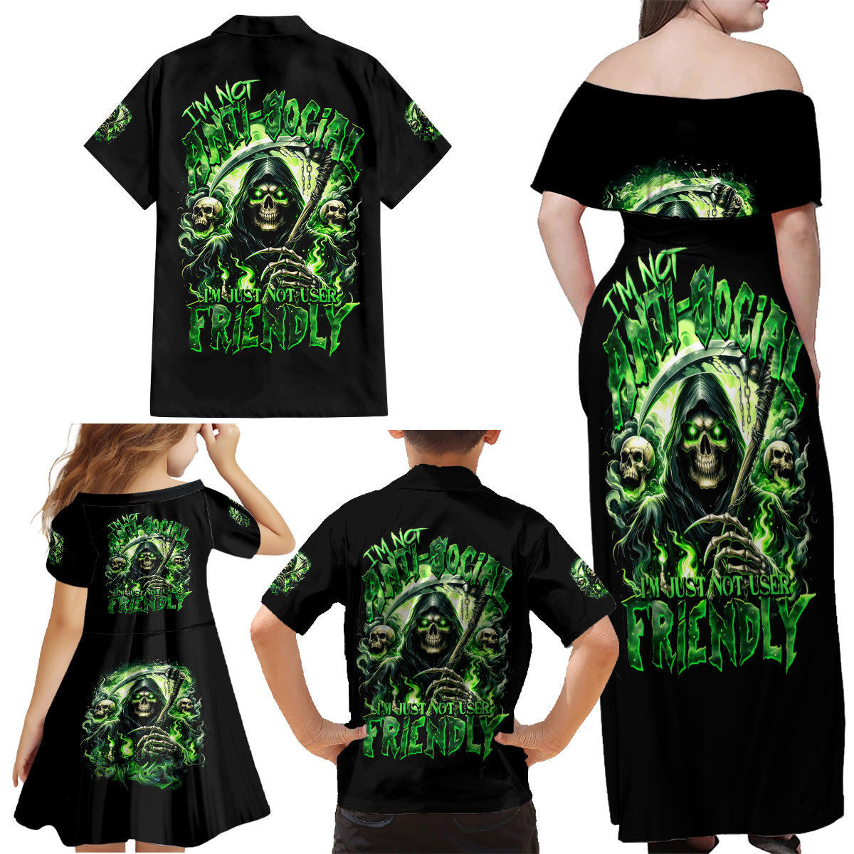 Flame Reaper Skull Family Matching Off Shoulder Maxi Dress and Hawaiian Shirt I'm Not Anti Social I'm Just Not User Friendly - Wonder Print Shop
