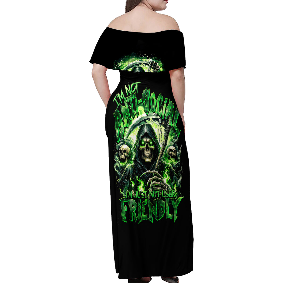 Flame Reaper Skull Family Matching Off Shoulder Maxi Dress and Hawaiian Shirt I'm Not Anti Social I'm Just Not User Friendly - Wonder Print Shop