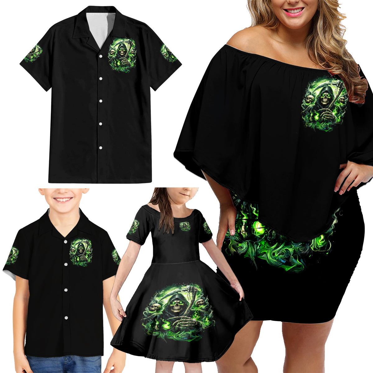 Flame Reaper Skull Family Matching Off Shoulder Short Dress and Hawaiian Shirt I'm Not Anti Social I'm Just Not User Friendly - Wonder Print Shop