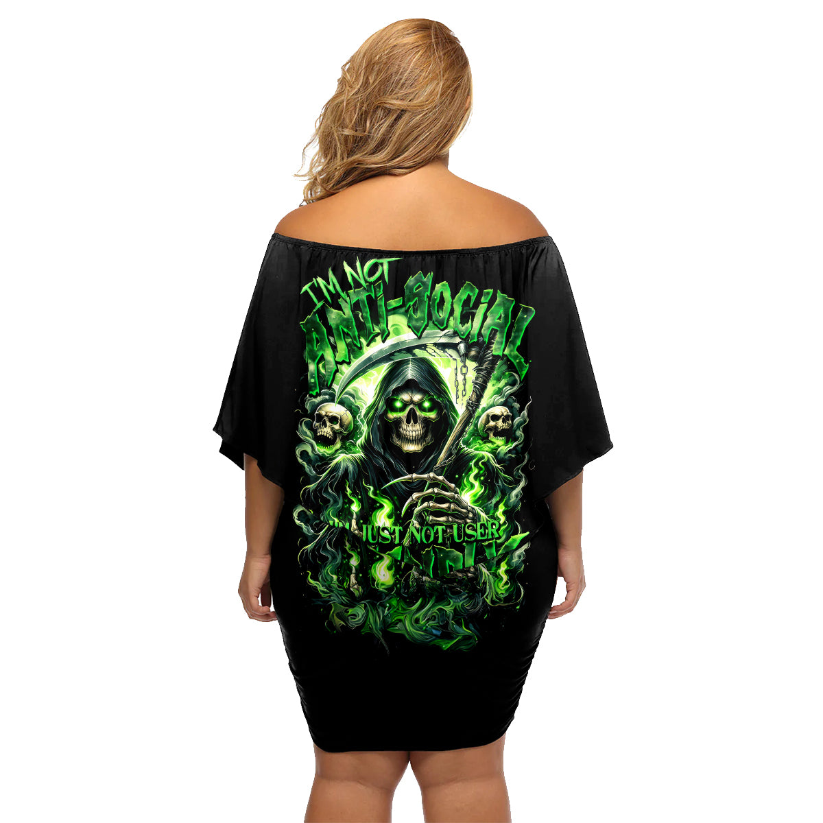 Flame Reaper Skull Family Matching Off Shoulder Short Dress and Hawaiian Shirt I'm Not Anti Social I'm Just Not User Friendly - Wonder Print Shop