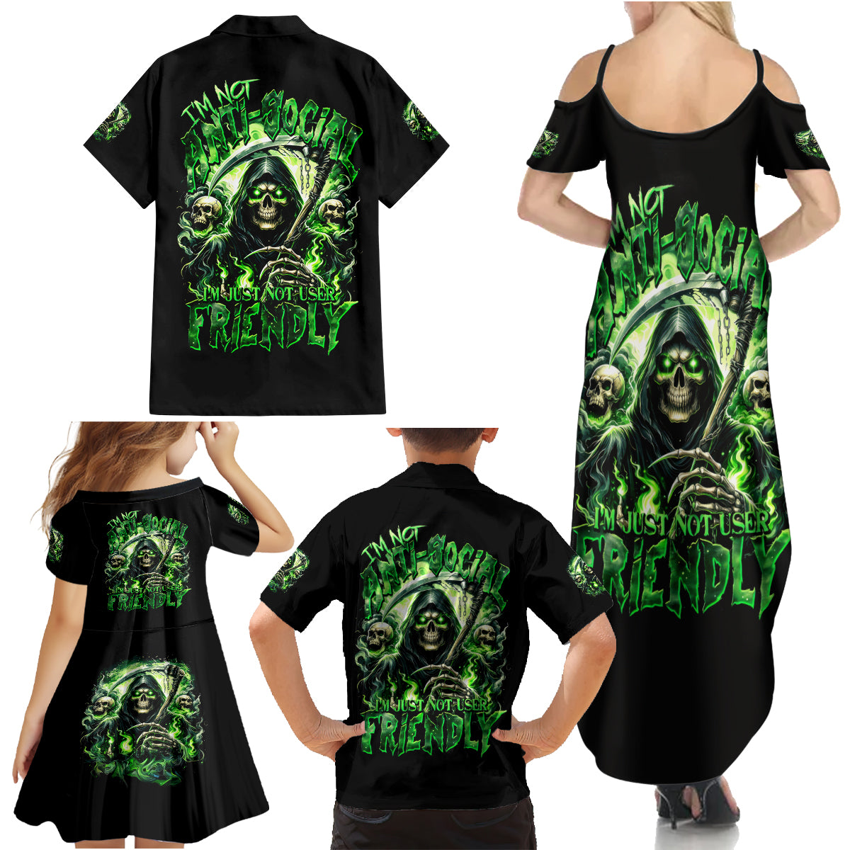 Flame Reaper Skull Family Matching Summer Maxi Dress and Hawaiian Shirt I'm Not Anti Social I'm Just Not User Friendly - Wonder Print Shop