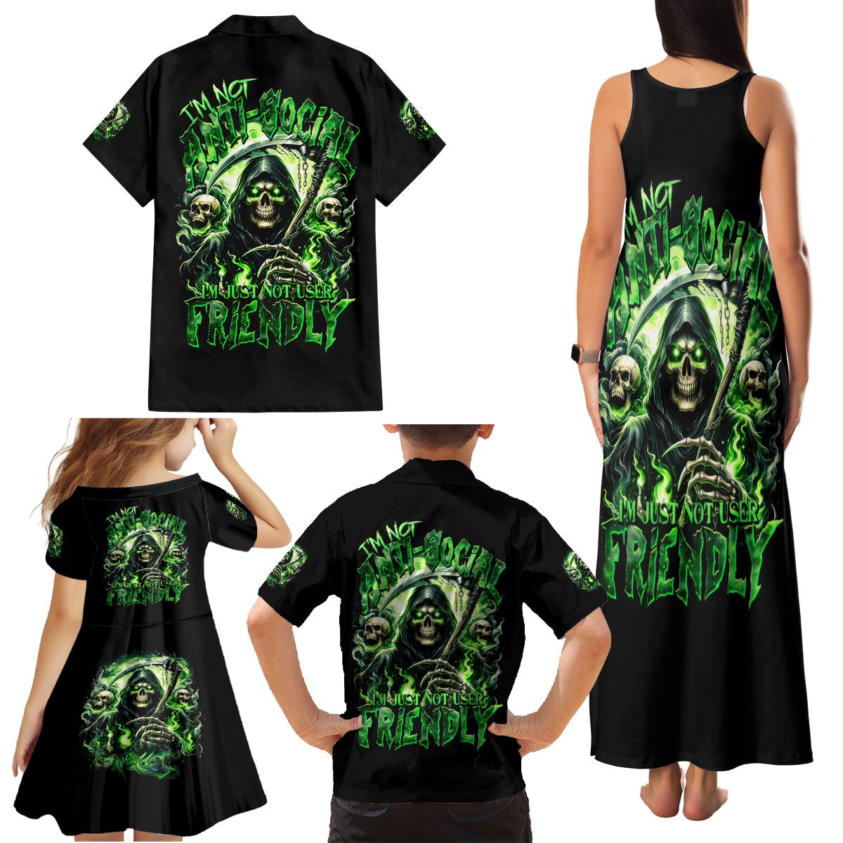 Flame Reaper Skull Family Matching Tank Maxi Dress and Hawaiian Shirt I'm Not Anti Social I'm Just Not User Friendly - Wonder Print Shop