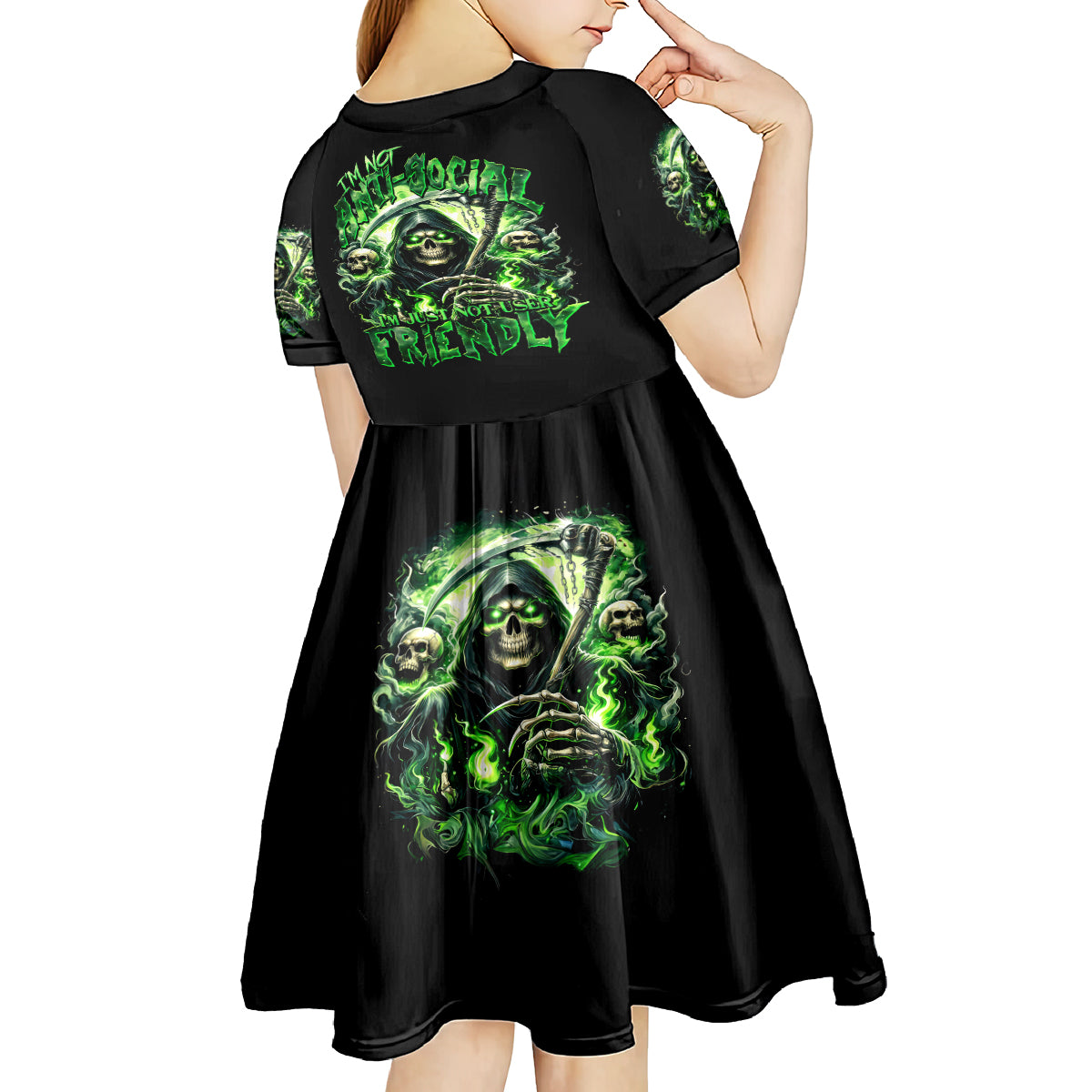 Flame Reaper Skull Kid Short Sleeve Dress I'm Not Anti Social I'm Just Not User Friendly - Wonder Print Shop