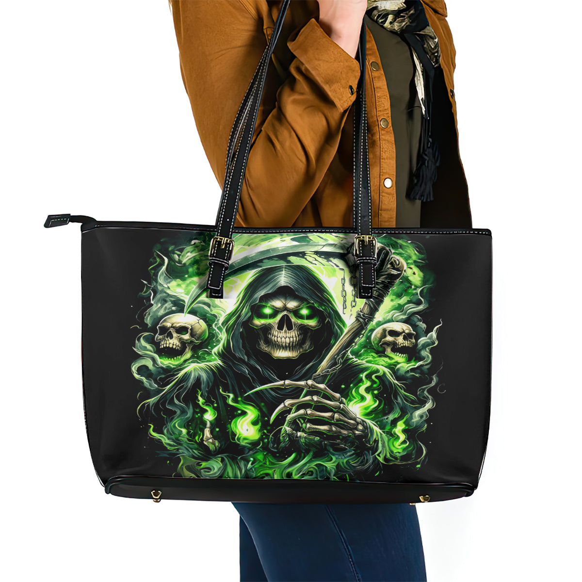 Flame Reaper Skull Leather Tote Bag I'm Not Anti Social I'm Just Not User Friendly - Wonder Print Shop