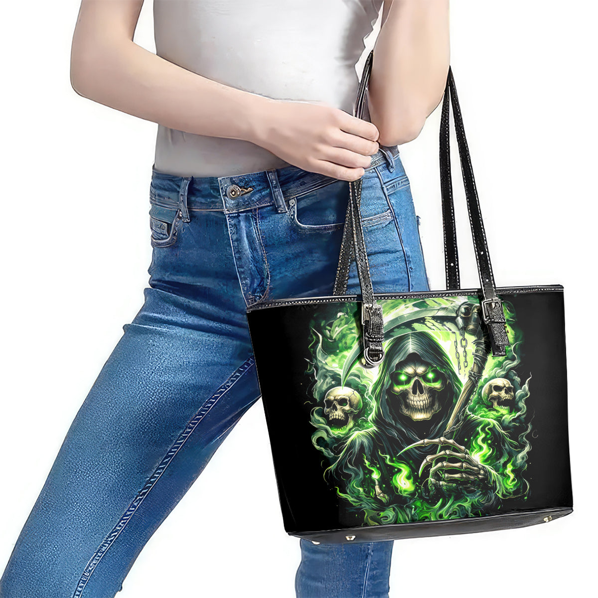 Flame Reaper Skull Leather Tote Bag I'm Not Anti Social I'm Just Not User Friendly - Wonder Print Shop