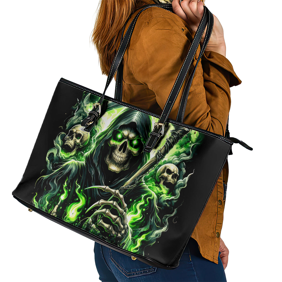 Flame Reaper Skull Leather Tote Bag I'm Not Anti Social I'm Just Not User Friendly - Wonder Print Shop