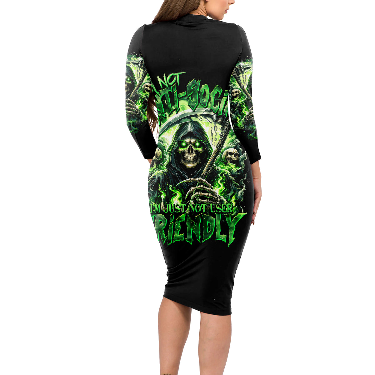 Flame Reaper Skull Long Sleeve Bodycon Dress I'm Not Anti Social I'm Just Not User Friendly - Wonder Print Shop