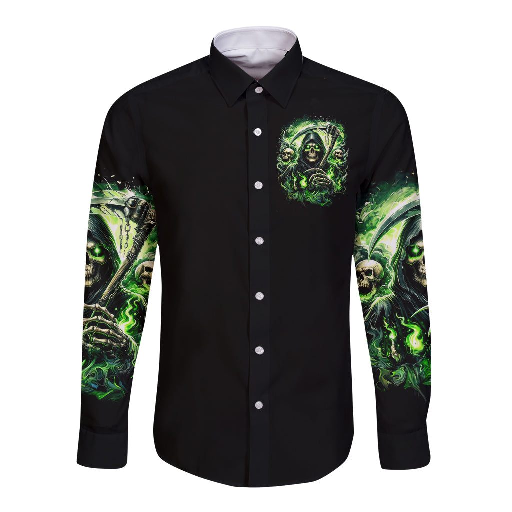 Flame Reaper Skull Long Sleeve Button Shirt I'm Not Anti Social I'm Just Not User Friendly - Wonder Print Shop