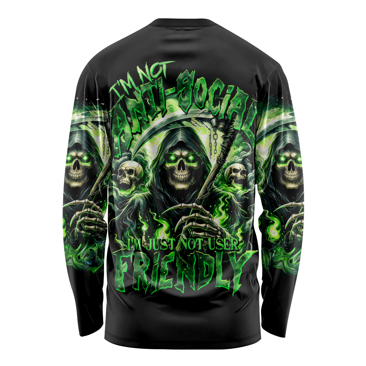 Flame Reaper Skull Long Sleeve Shirt I'm Not Anti Social I'm Just Not User Friendly - Wonder Print Shop