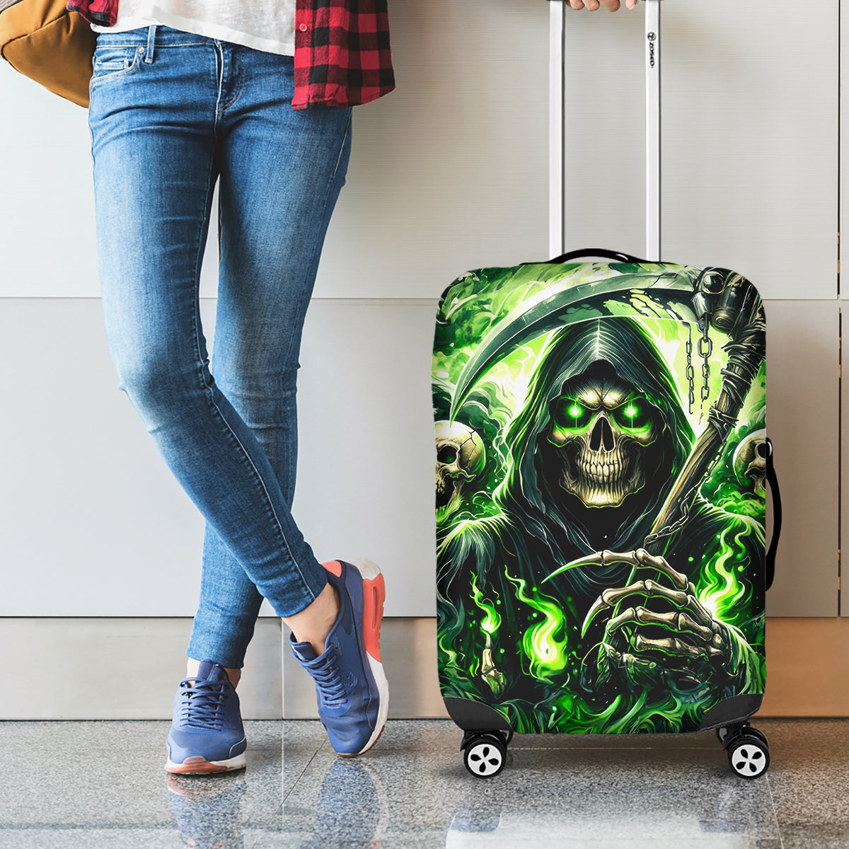 Flame Reaper Skull Luggage Cover I'm Not Anti Social I'm Just Not User Friendly - Wonder Print Shop