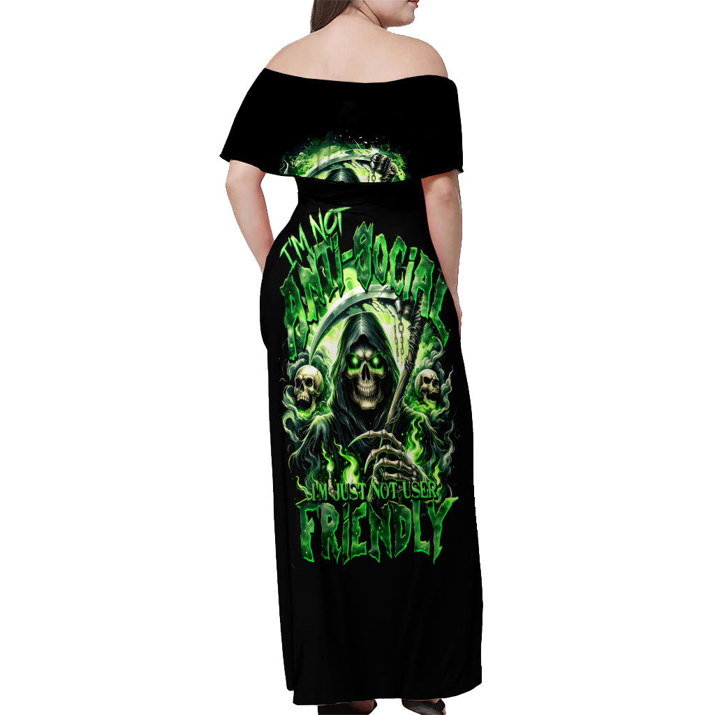 Flame Reaper Skull Off Shoulder Maxi Dress I'm Not Anti Social I'm Just Not User Friendly - Wonder Print Shop