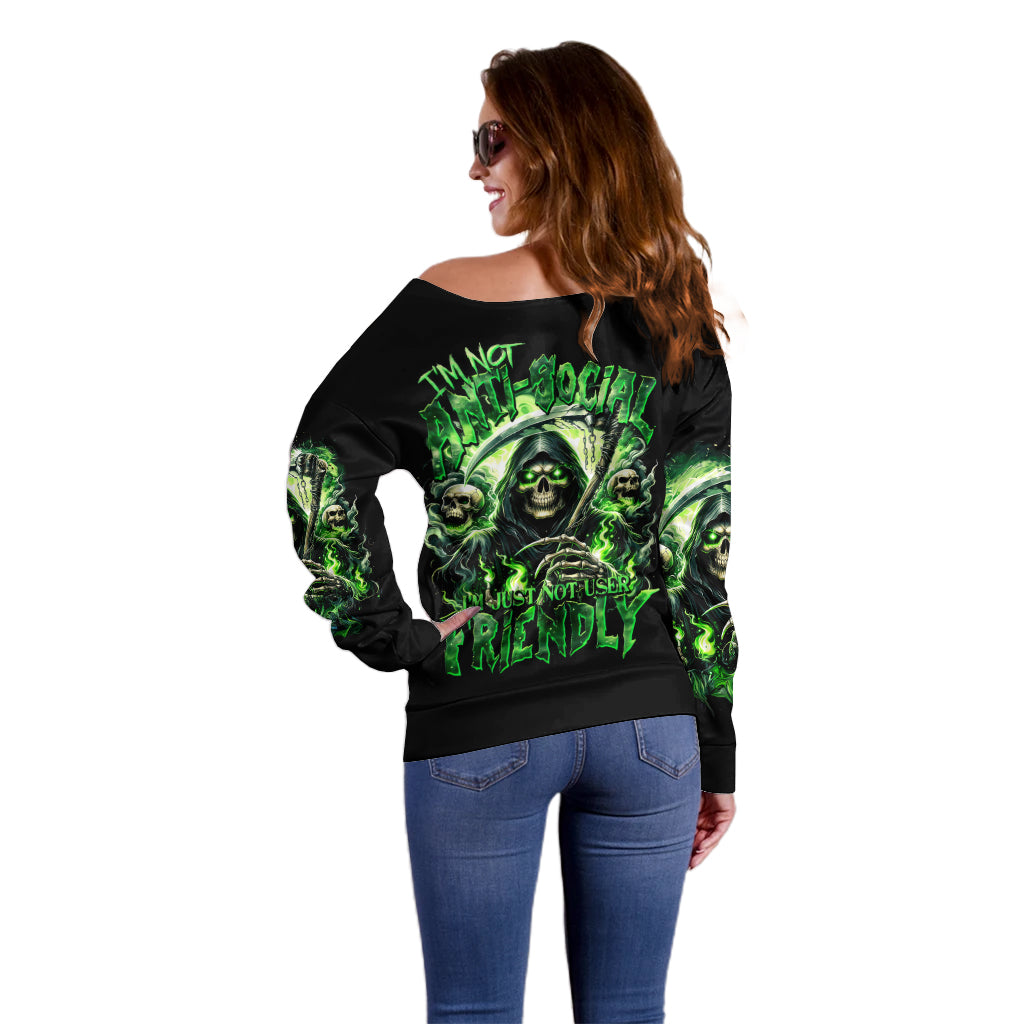Flame Reaper Skull Off Shoulder Sweater I'm Not Anti Social I'm Just Not User Friendly - Wonder Print Shop