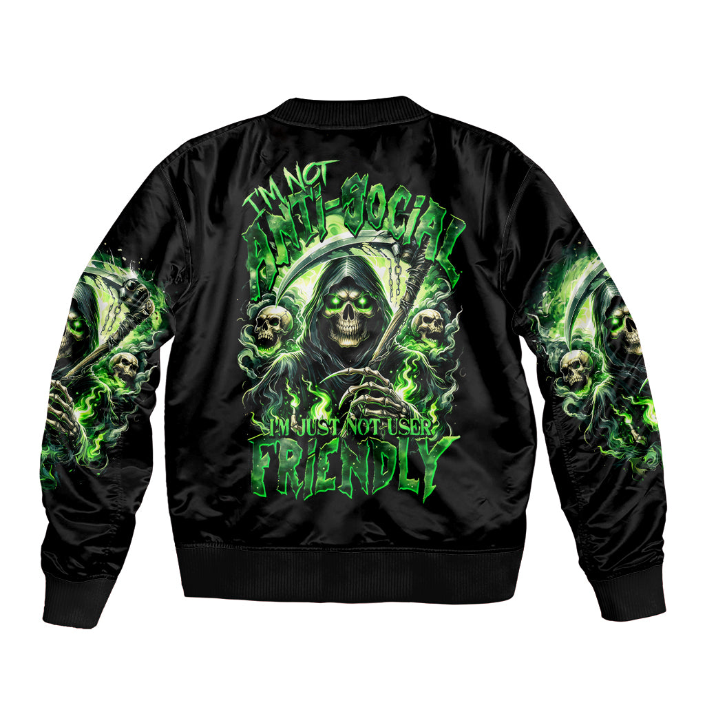 Flame Reaper Skull Sleeve Zip Bomber Jacket I'm Not Anti Social I'm Just Not User Friendly - Wonder Print Shop