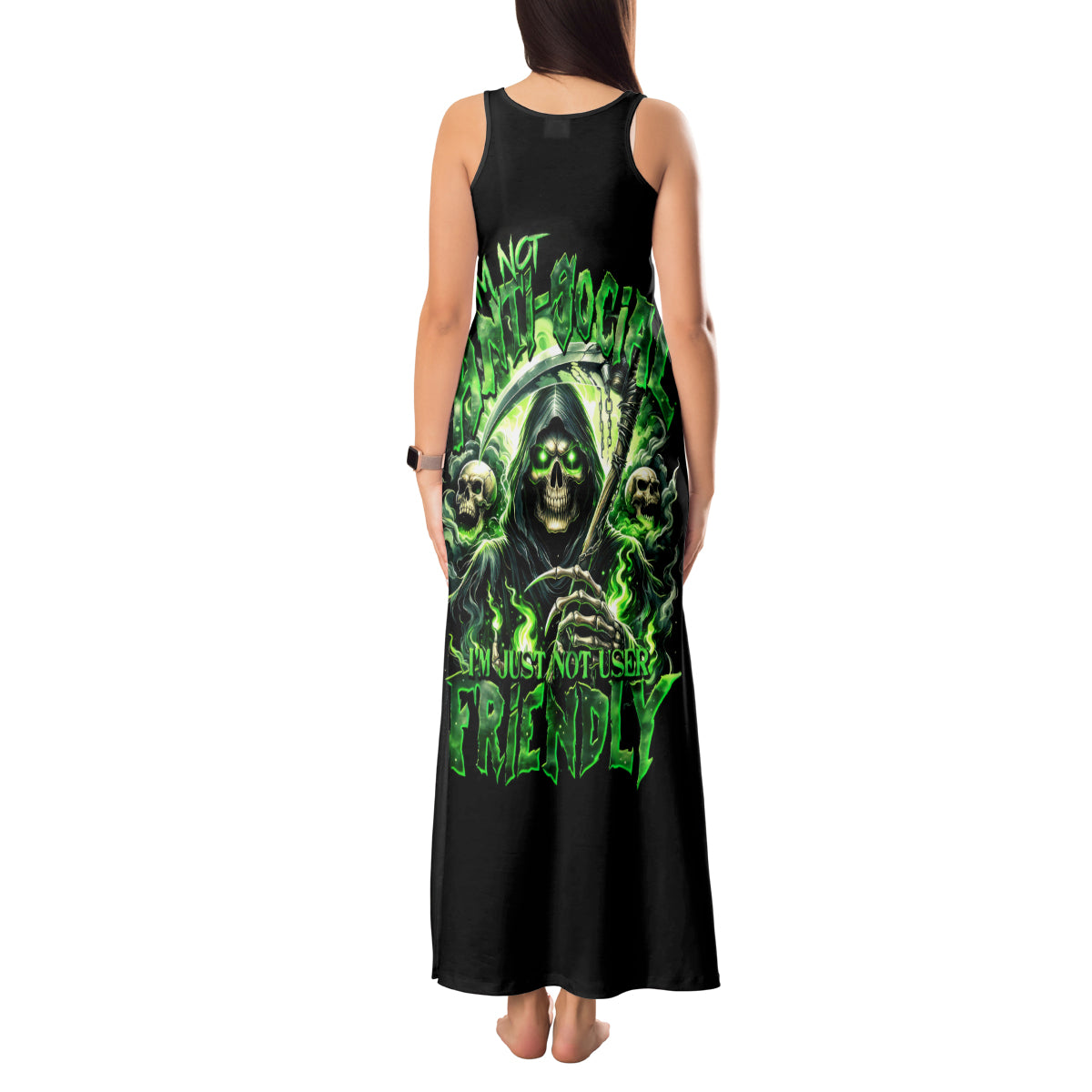Flame Reaper Skull Tank Maxi Dress I'm Not Anti Social I'm Just Not User Friendly - Wonder Print Shop