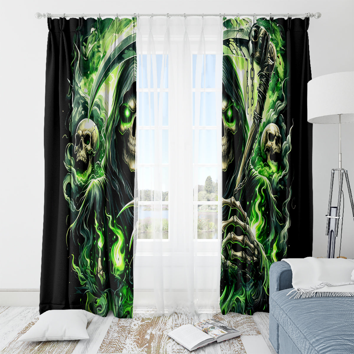 Flame Reaper Skull Window Curtain I'm Not Anti Social I'm Just Not User Friendly - Wonder Print Shop