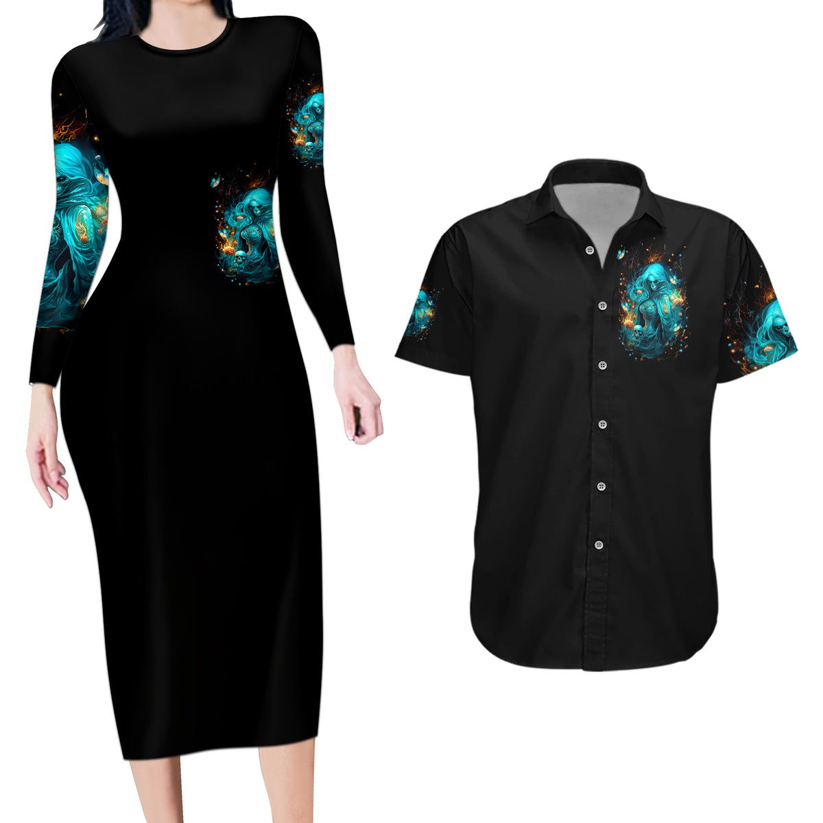 Witch Skull Couples Matching Long Sleeve Bodycon Dress and Hawaiian Shirt She Whispered Back Iam The Storm - Wonder Print Shop