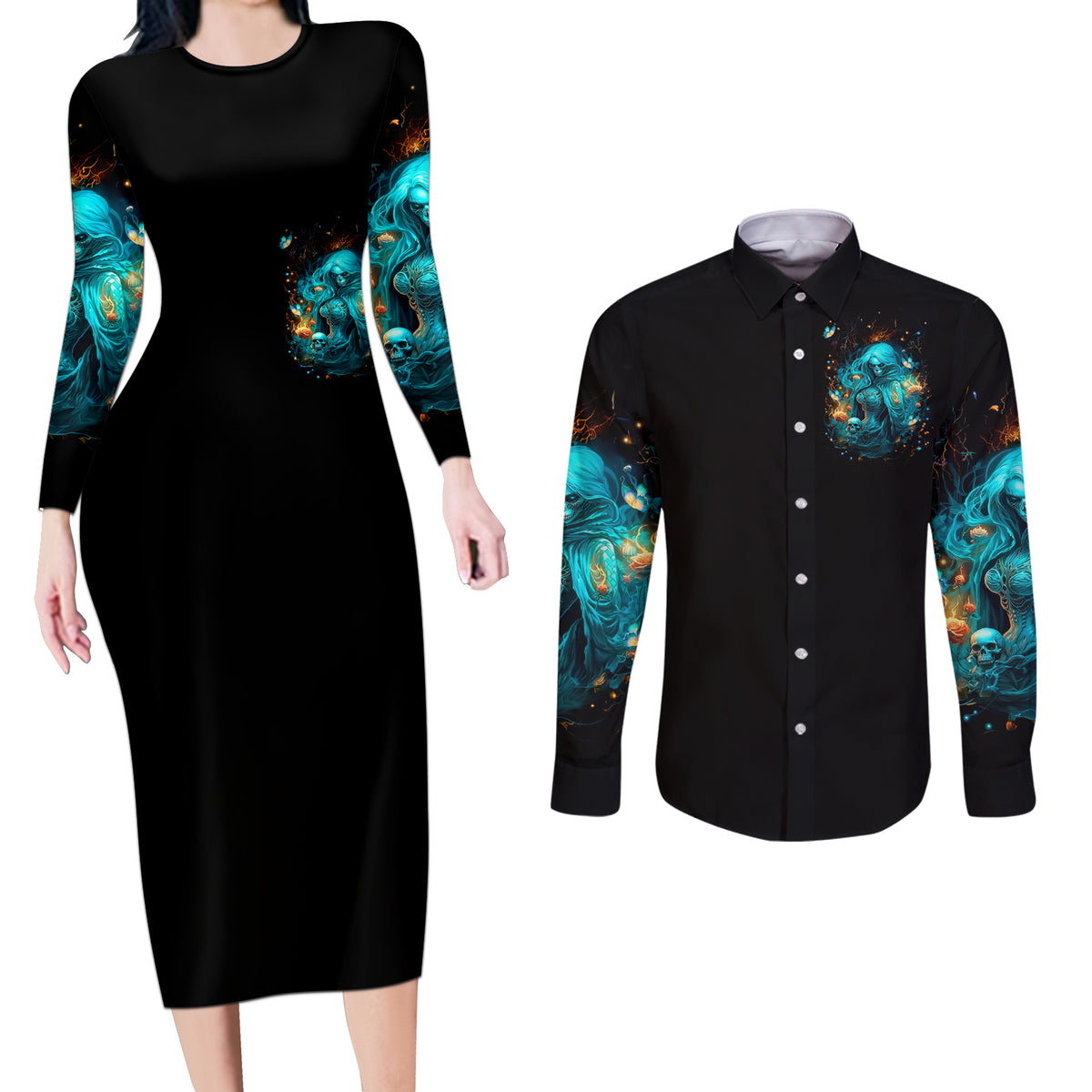Witch Skull Couples Matching Long Sleeve Bodycon Dress and Long Sleeve Button Shirt She Whispered Back Iam The Storm - Wonder Print Shop