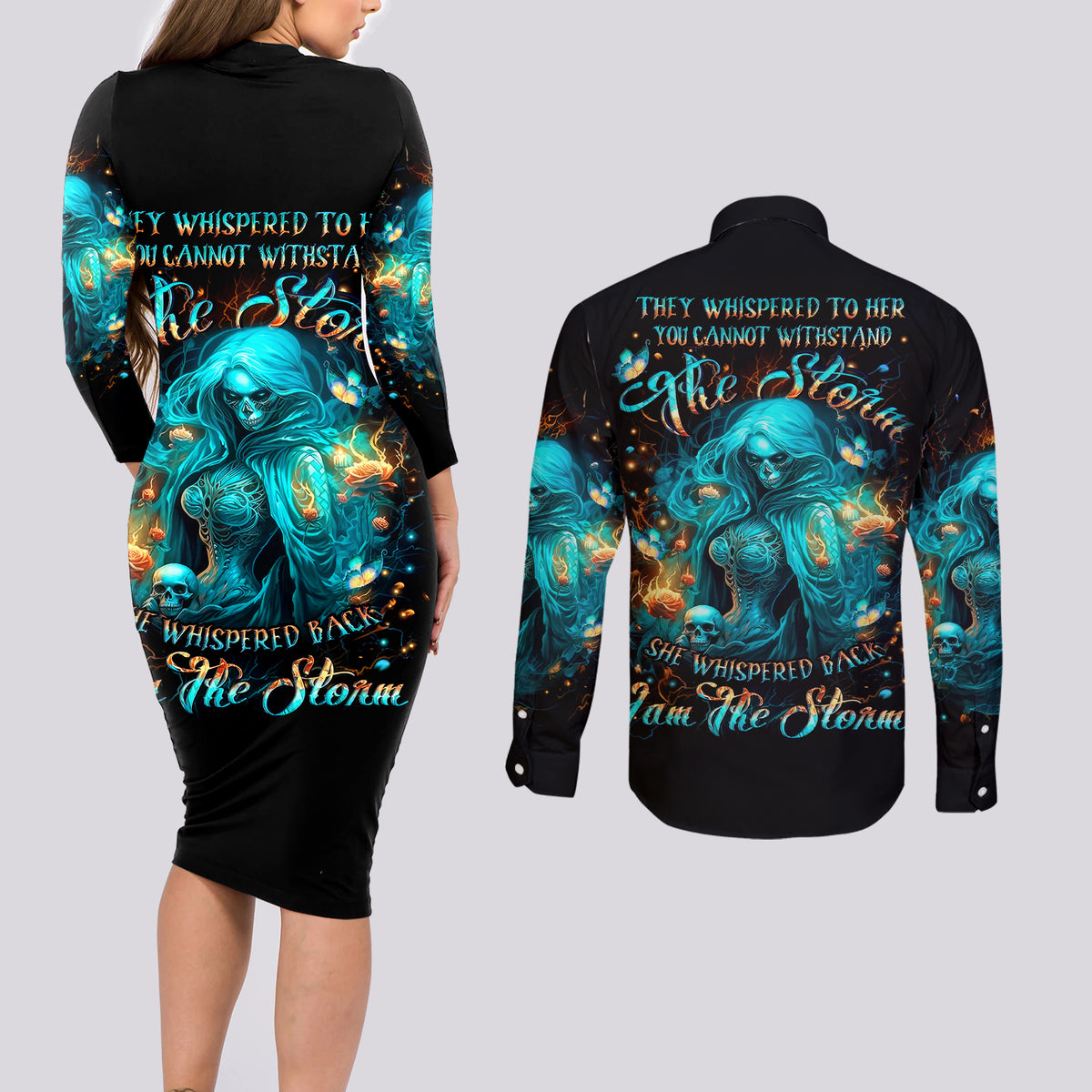 Witch Skull Couples Matching Long Sleeve Bodycon Dress and Long Sleeve Button Shirt She Whispered Back Iam The Storm - Wonder Print Shop