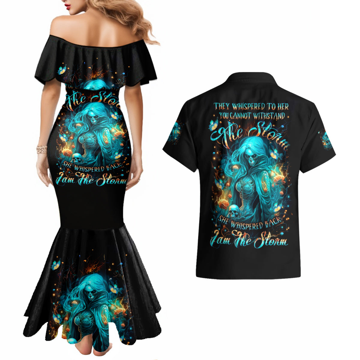 Witch Skull Couples Matching Mermaid Dress and Hawaiian Shirt She Whispered Back Iam The Storm - Wonder Print Shop