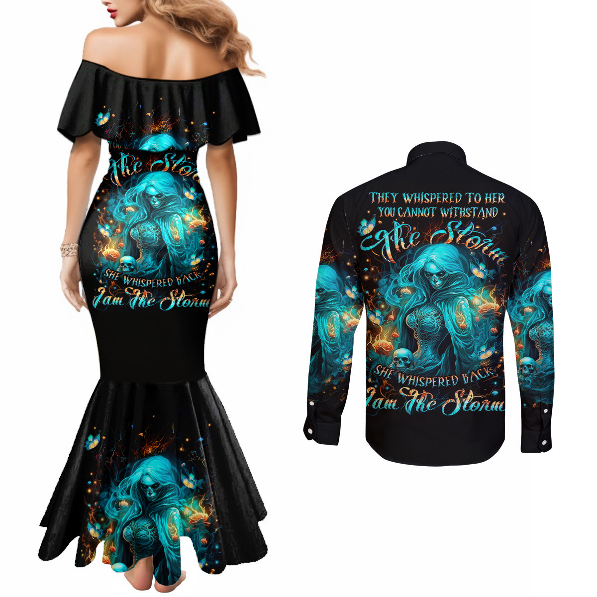 Witch Skull Couples Matching Mermaid Dress and Long Sleeve Button Shirt She Whispered Back Iam The Storm