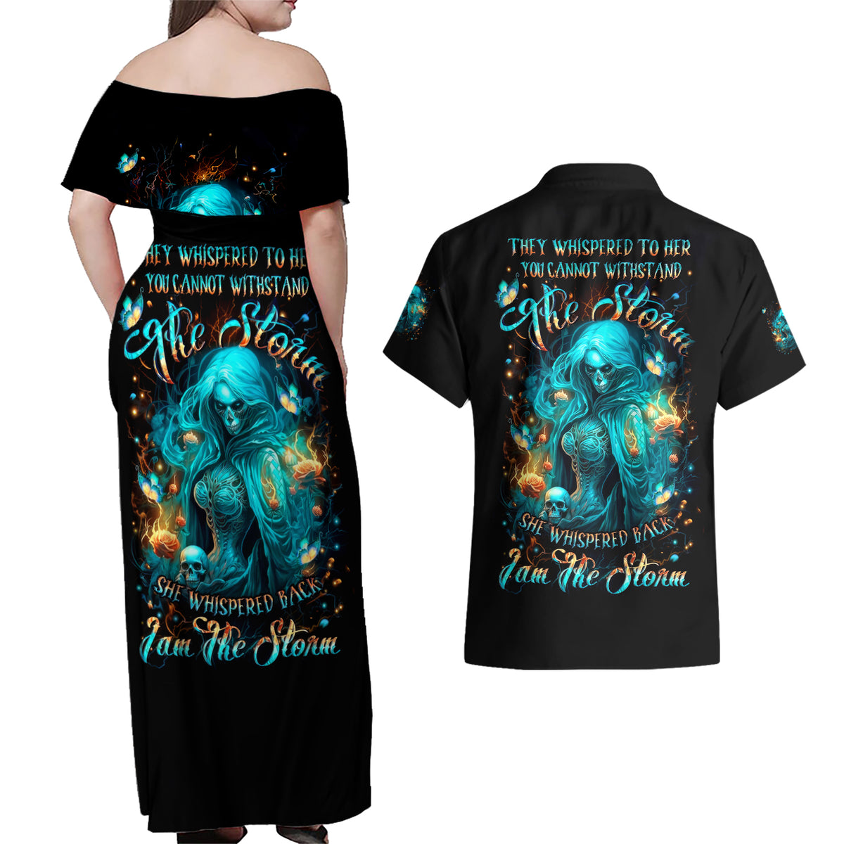 Witch Skull Couples Matching Off Shoulder Maxi Dress and Hawaiian Shirt She Whispered Back Iam The Storm - Wonder Print Shop