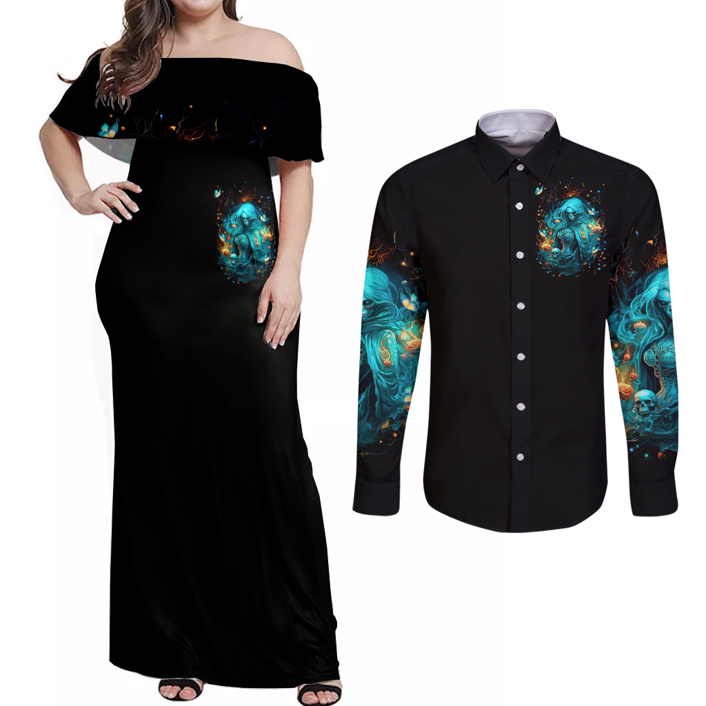 Witch Skull Couples Matching Off Shoulder Maxi Dress and Long Sleeve Button Shirt She Whispered Back Iam The Storm - Wonder Print Shop