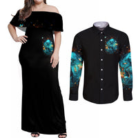 Witch Skull Couples Matching Off Shoulder Maxi Dress and Long Sleeve Button Shirt She Whispered Back Iam The Storm - Wonder Print Shop