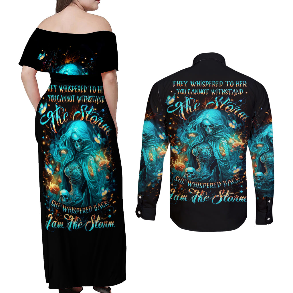 Witch Skull Couples Matching Off Shoulder Maxi Dress and Long Sleeve Button Shirt She Whispered Back Iam The Storm - Wonder Print Shop