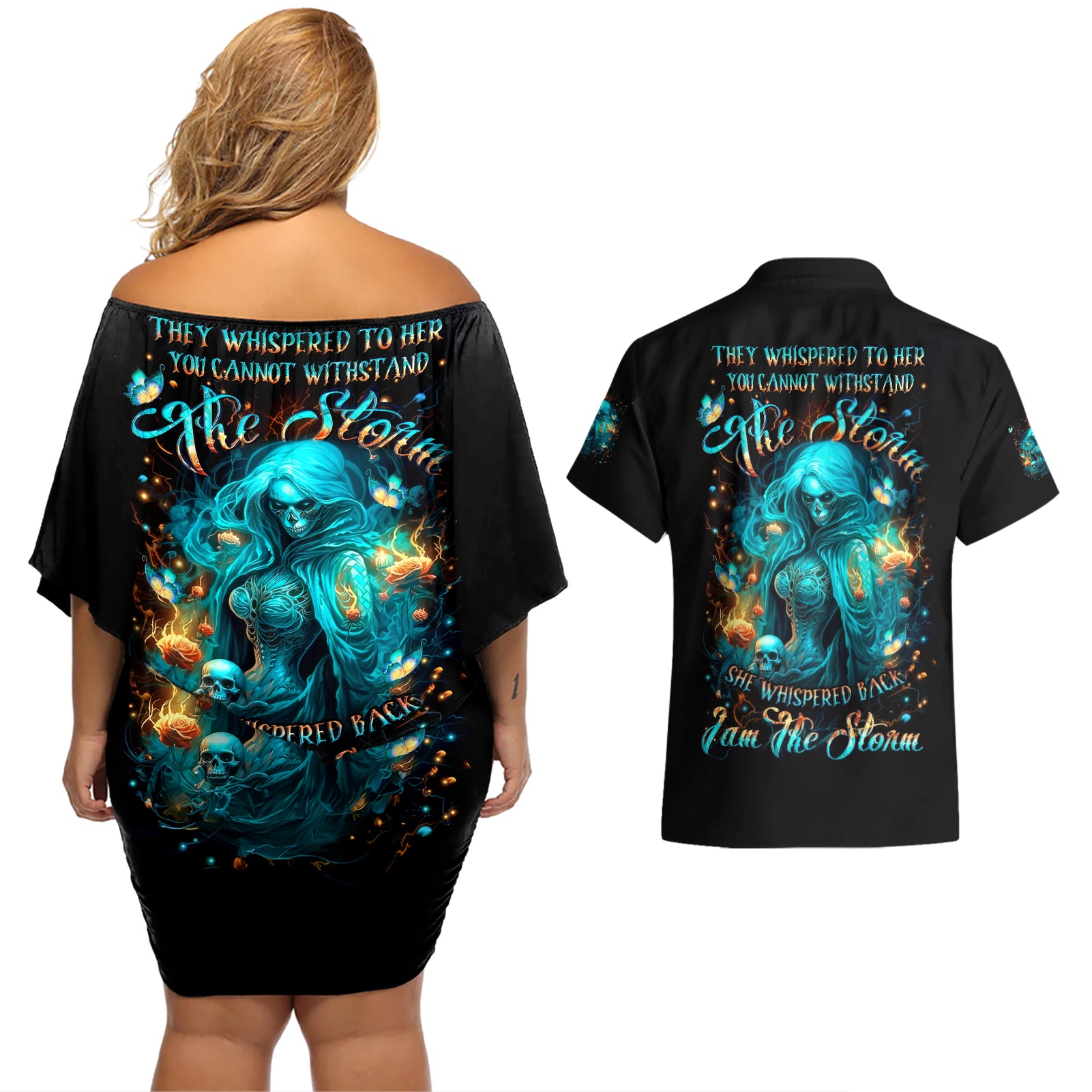 Witch Skull Couples Matching Off Shoulder Short Dress and Hawaiian Shirt She Whispered Back Iam The Storm - Wonder Print Shop