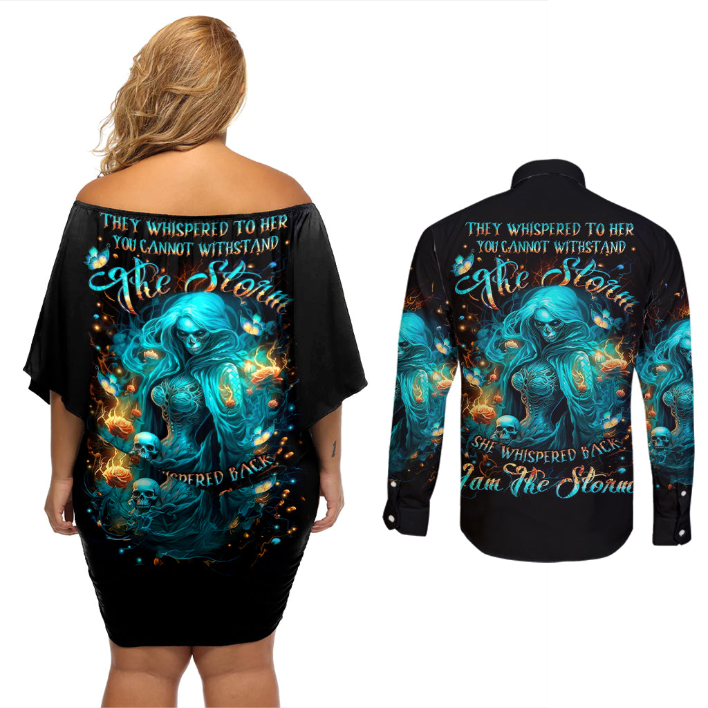 Witch Skull Couples Matching Off Shoulder Short Dress and Long Sleeve Button Shirt She Whispered Back Iam The Storm - Wonder Print Shop
