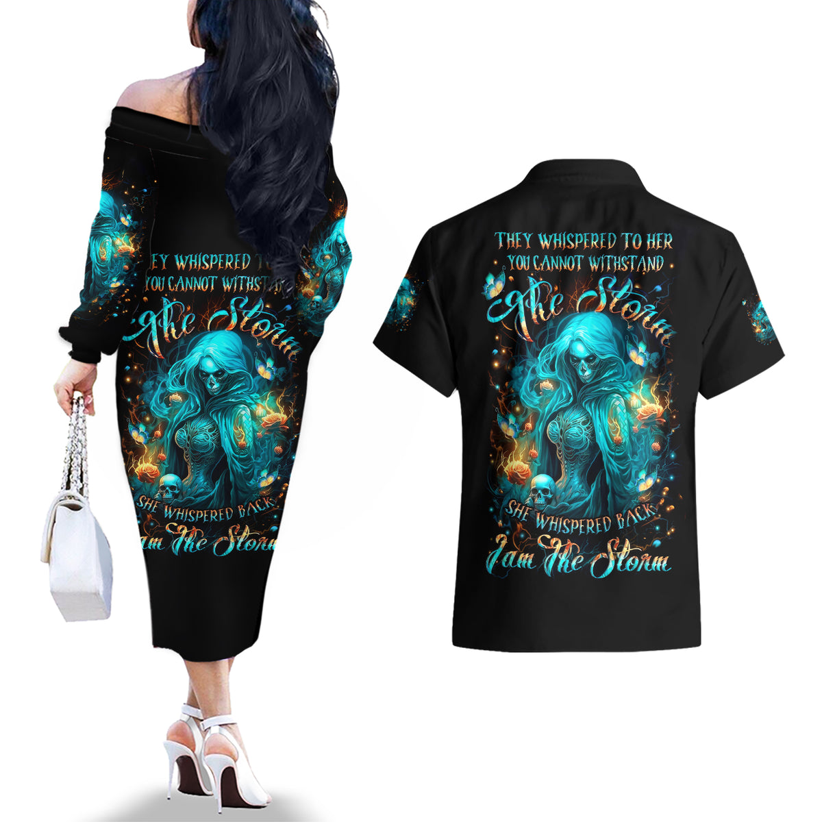 Witch Skull Couples Matching Off The Shoulder Long Sleeve Dress and Hawaiian Shirt She Whispered Back Iam The Storm - Wonder Print Shop