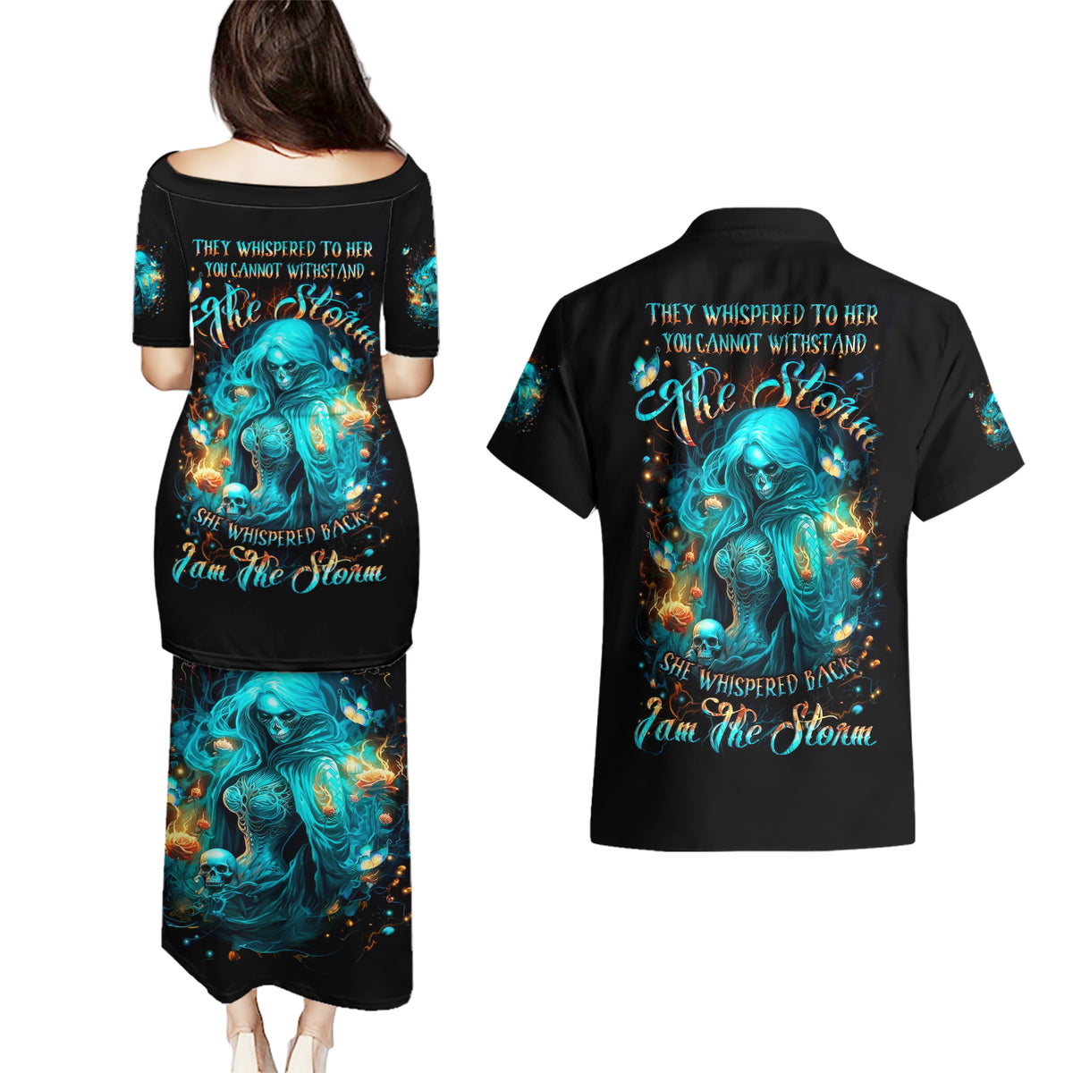 Witch Skull Couples Matching Puletasi and Hawaiian Shirt She Whispered Back Iam The Storm - Wonder Print Shop