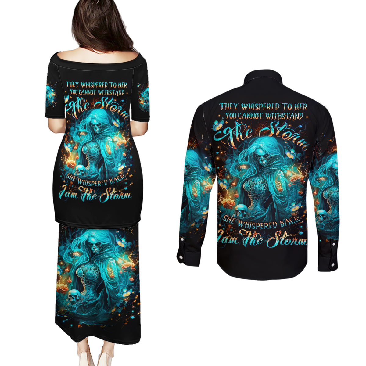 Witch Skull Couples Matching Puletasi and Long Sleeve Button Shirt She Whispered Back Iam The Storm - Wonder Print Shop