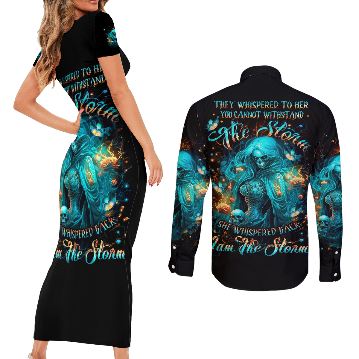 Witch Skull Couples Matching Short Sleeve Bodycon Dress and Long Sleeve Button Shirt She Whispered Back Iam The Storm - Wonder Print Shop