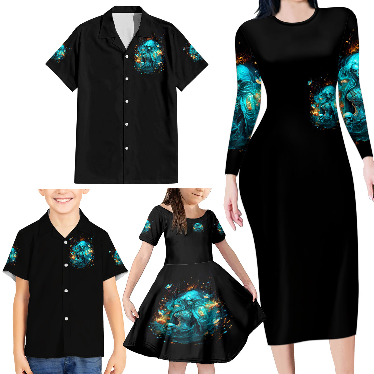 Witch Skull Family Matching Long Sleeve Bodycon Dress and Hawaiian Shirt She Whispered Back Iam The Storm - Wonder Print Shop