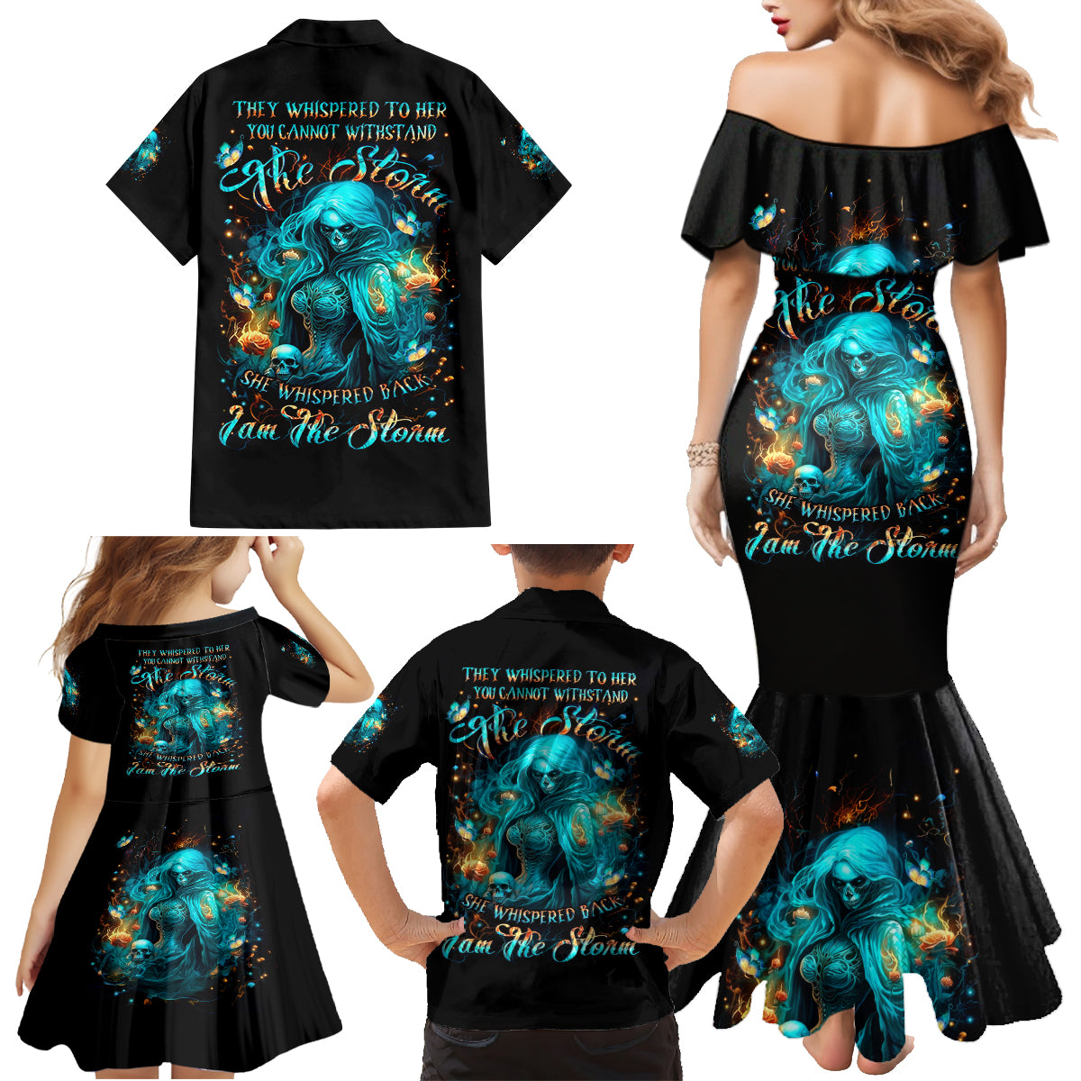 Witch Skull Family Matching Mermaid Dress and Hawaiian Shirt She Whispered Back Iam The Storm - Wonder Print Shop