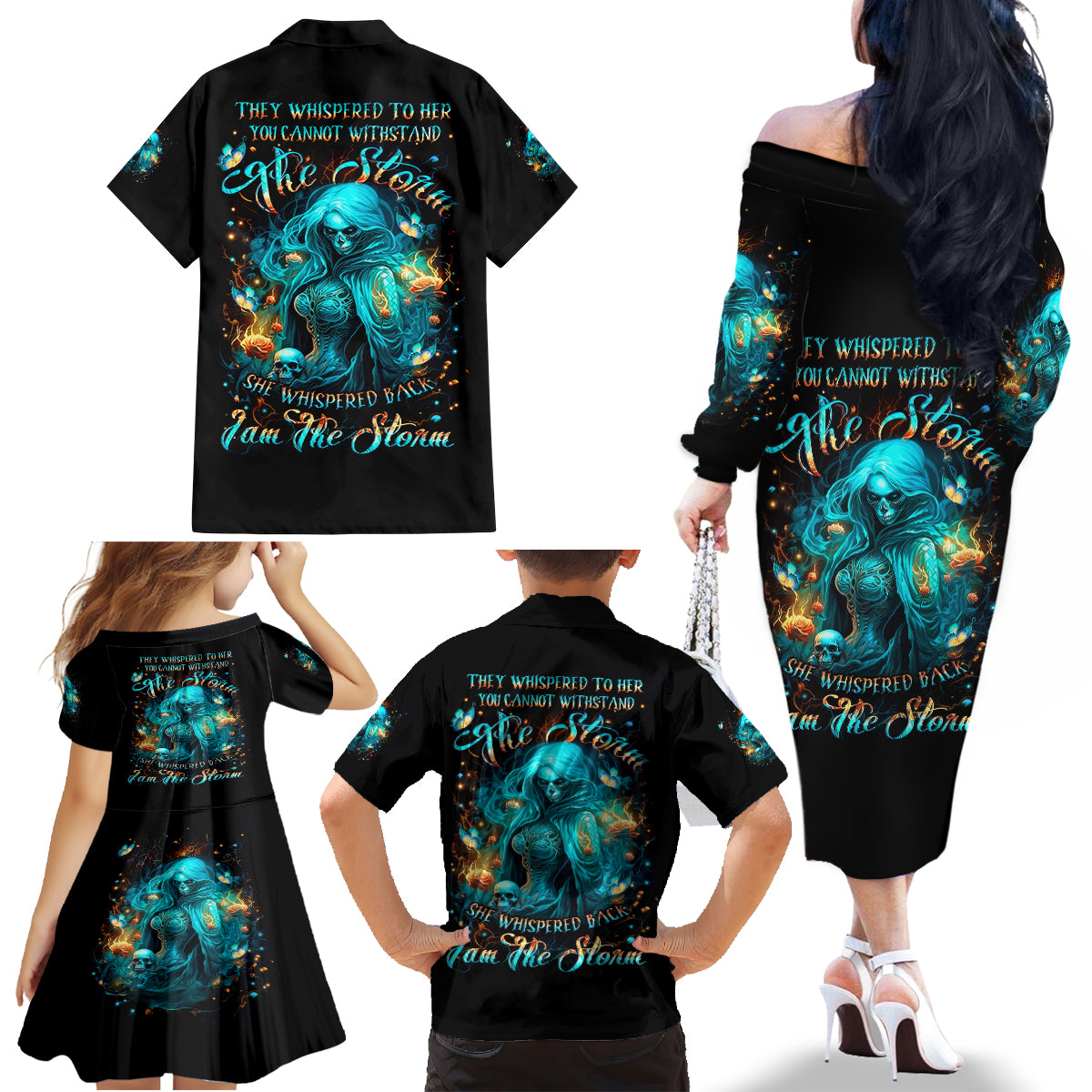 Witch Skull Family Matching Off Shoulder Long Sleeve Dress and Hawaiian Shirt She Whispered Back Iam The Storm - Wonder Print Shop
