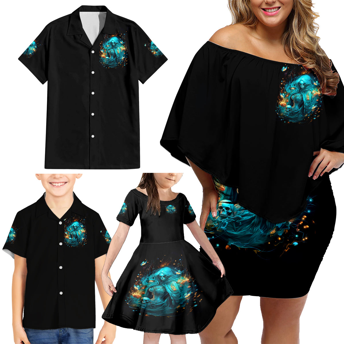 Witch Skull Family Matching Off Shoulder Short Dress and Hawaiian Shirt She Whispered Back Iam The Storm - Wonder Print Shop