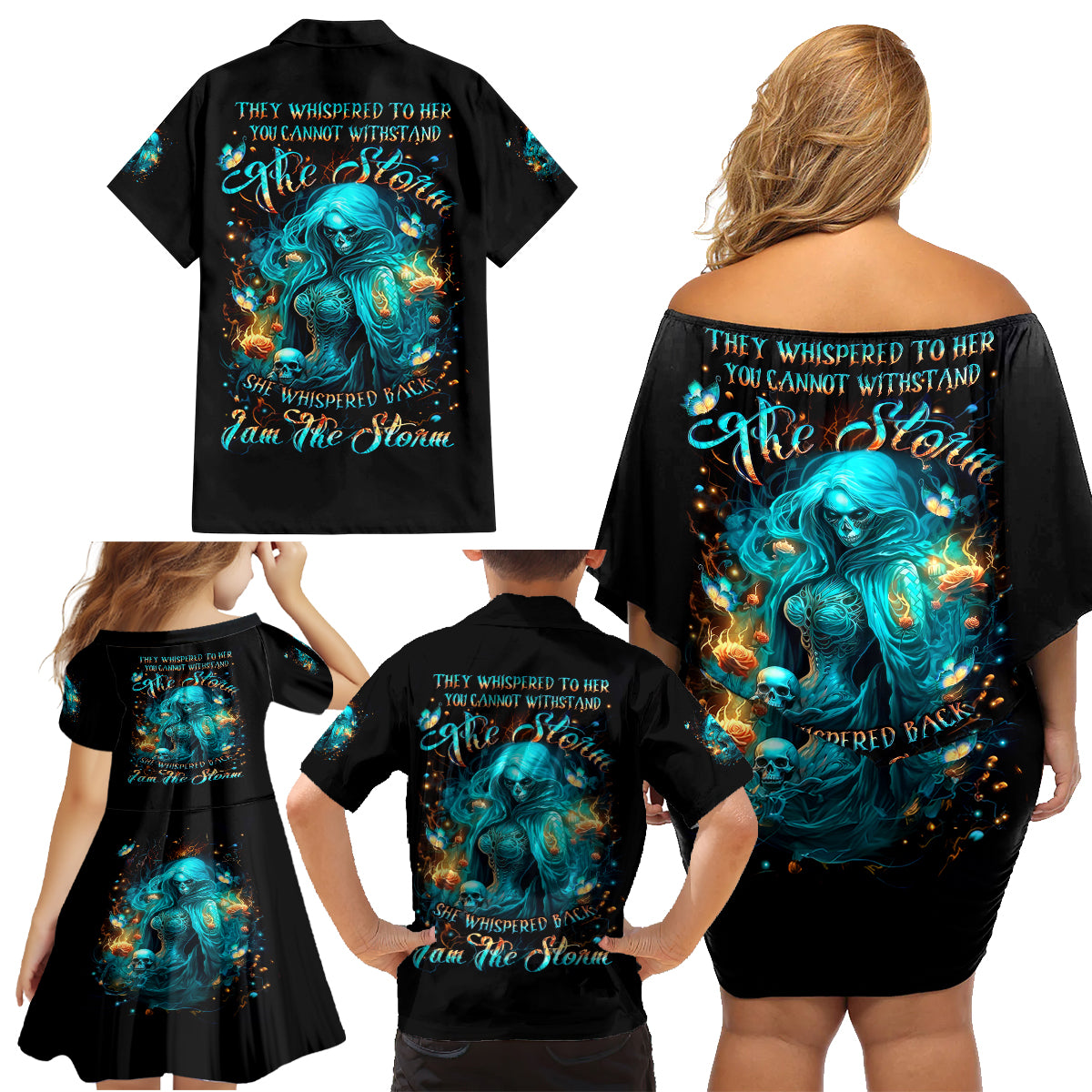 Witch Skull Family Matching Off Shoulder Short Dress and Hawaiian Shirt She Whispered Back Iam The Storm - Wonder Print Shop