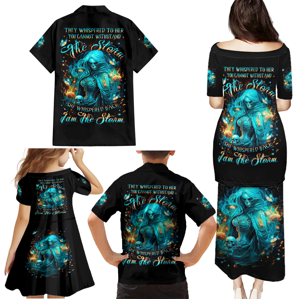 Witch Skull Family Matching Puletasi and Hawaiian Shirt She Whispered Back Iam The Storm - Wonder Print Shop