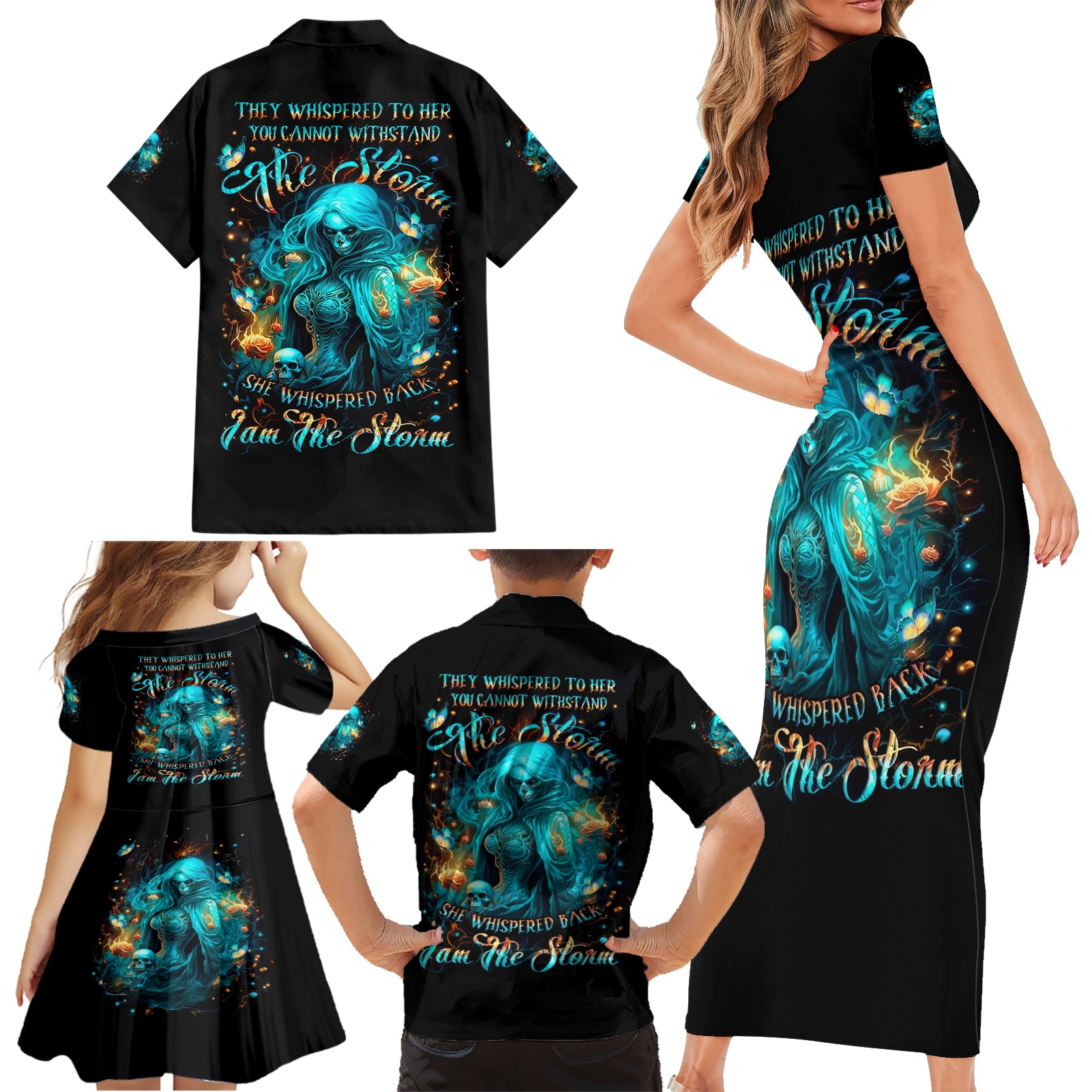 Witch Skull Family Matching Short Sleeve Bodycon Dress and Hawaiian Shirt She Whispered Back Iam The Storm - Wonder Print Shop
