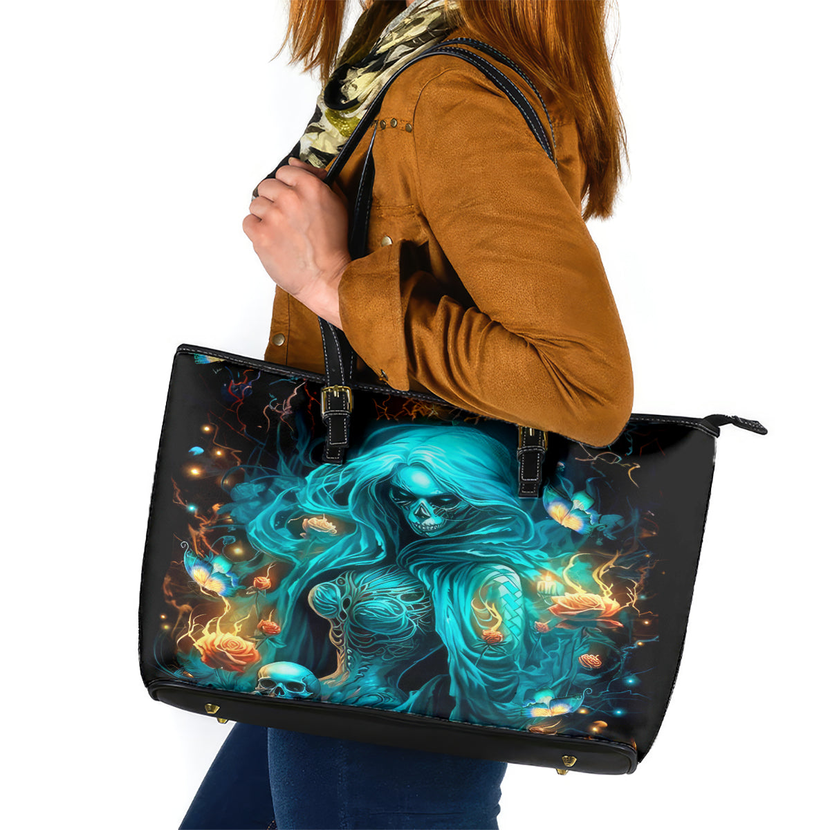 Witch Skull Leather Tote Bag She Whispered Back Iam The Storm - Wonder Print Shop