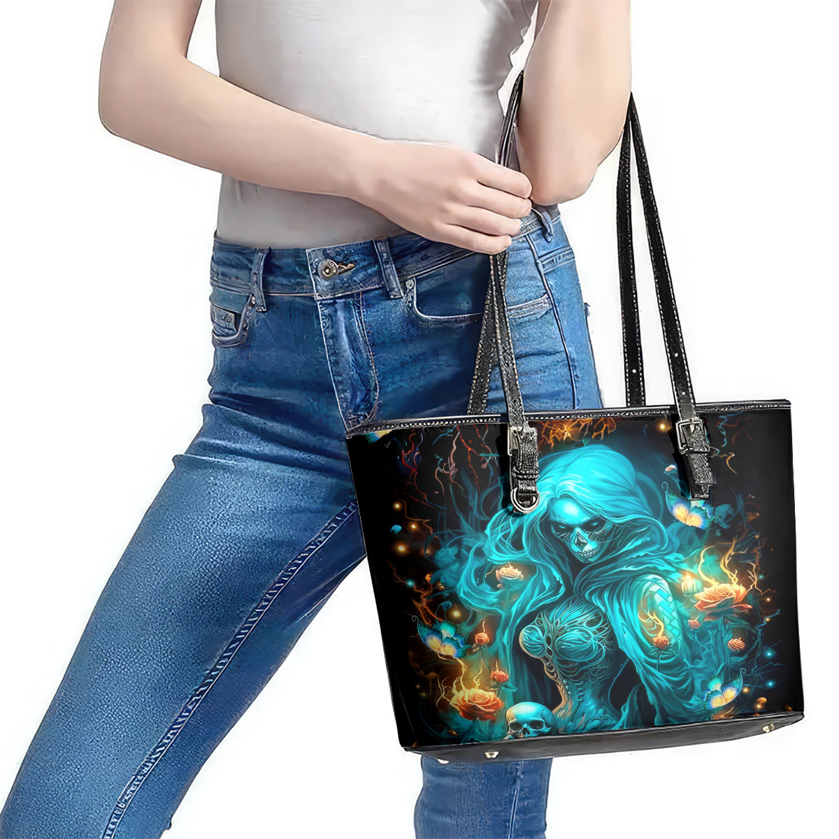 Witch Skull Leather Tote Bag She Whispered Back Iam The Storm - Wonder Print Shop