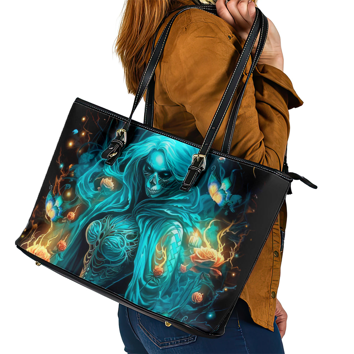 Witch Skull Leather Tote Bag She Whispered Back Iam The Storm - Wonder Print Shop