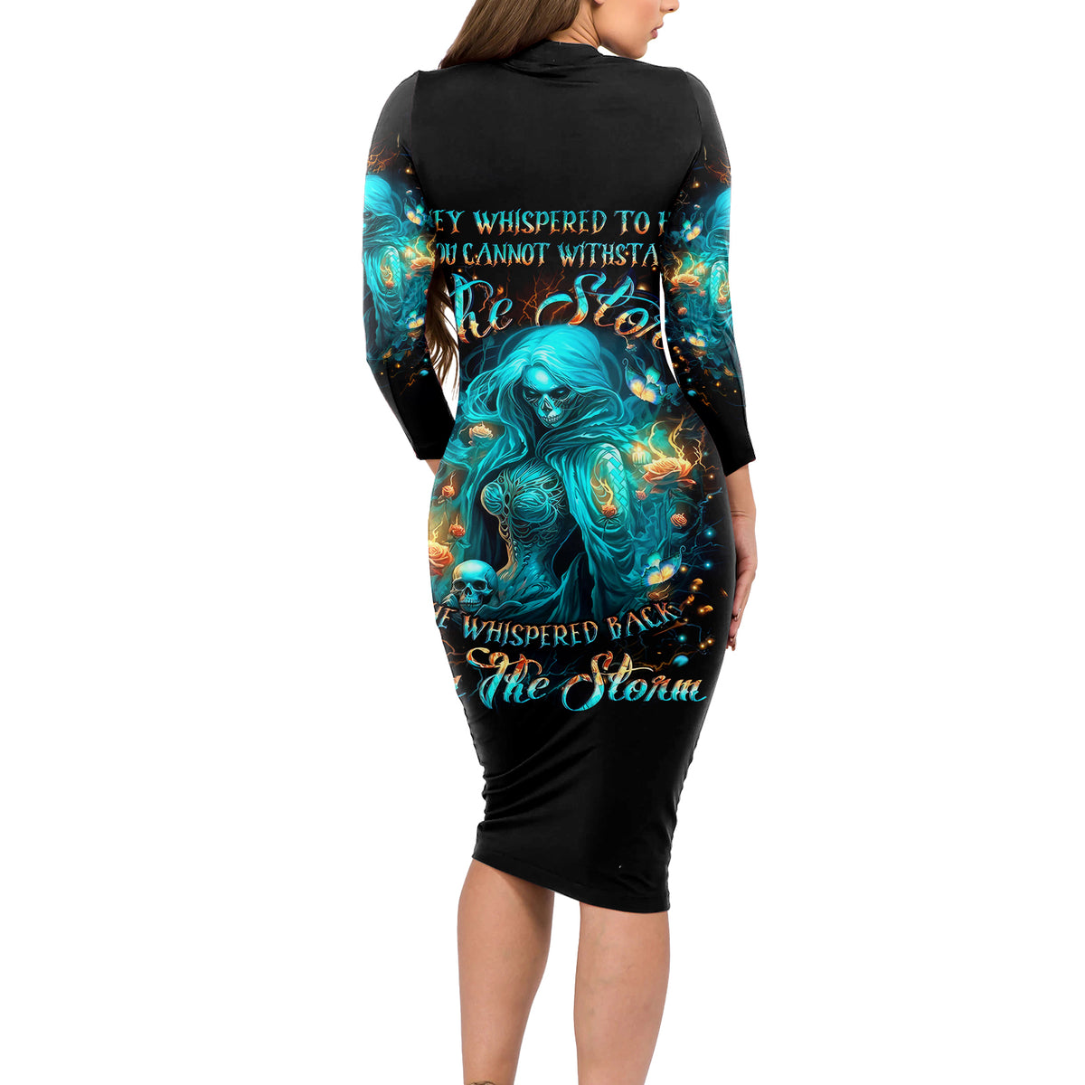 Witch Skull Long Sleeve Bodycon Dress She Whispered Back Iam The Storm - Wonder Print Shop