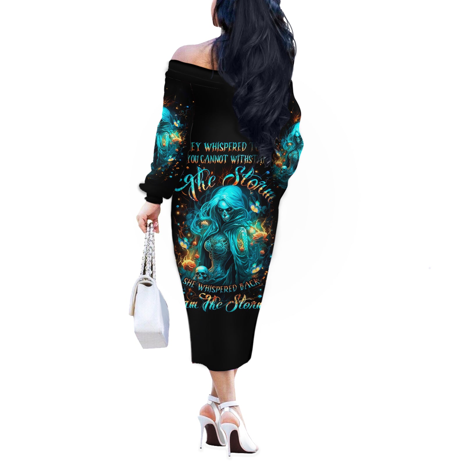 Witch Skull Off The Shoulder Long Sleeve Dress She Whispered Back Iam The Storm - Wonder Print Shop