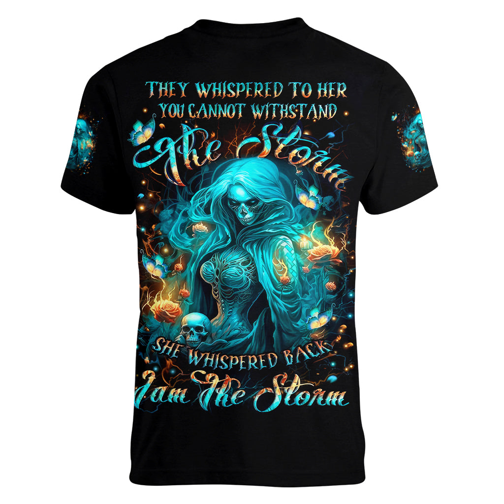 Witch Skull Women V Neck T Shirt She Whispered Back Iam The Storm - Wonder Print Shop