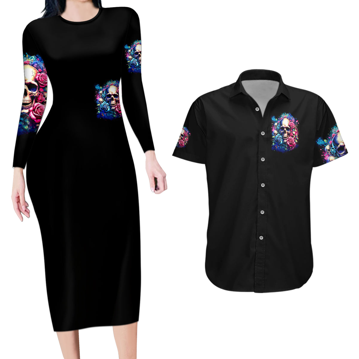Rose Skull Couples Matching Long Sleeve Bodycon Dress and Hawaiian Shirt Assuming I Was Like Most Girls Was Your First Mistake - Wonder Print Shop