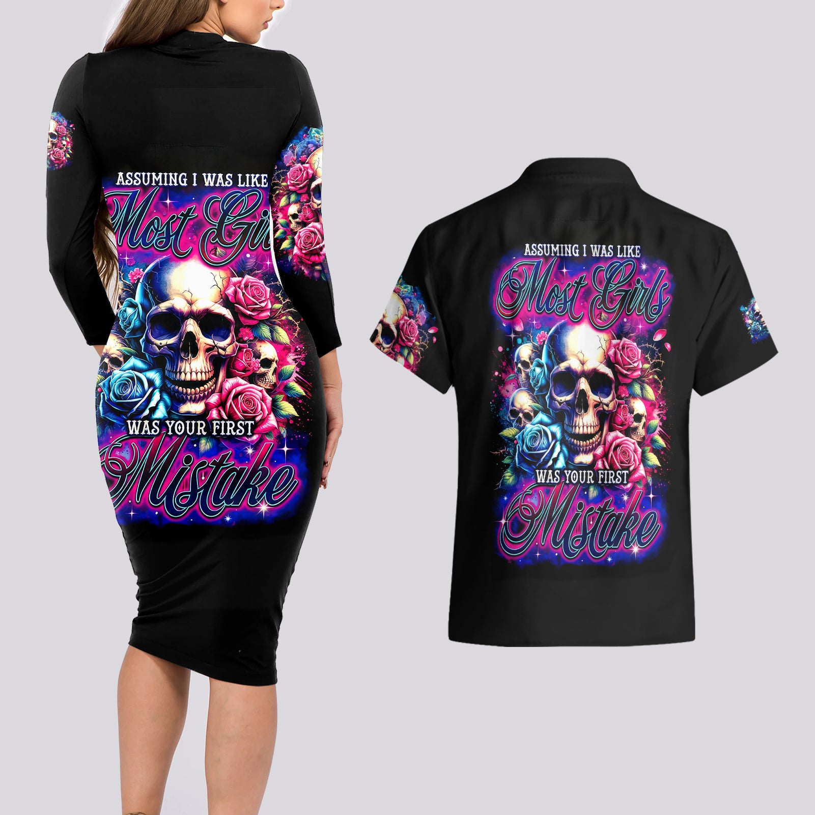 Rose Skull Couples Matching Long Sleeve Bodycon Dress and Hawaiian Shirt Assuming I Was Like Most Girls Was Your First Mistake - Wonder Print Shop