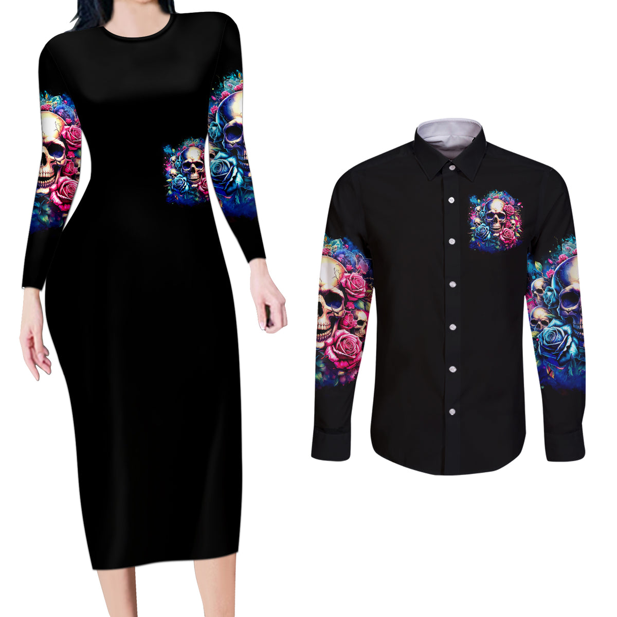 Rose Skull Couples Matching Long Sleeve Bodycon Dress and Long Sleeve Button Shirt Assuming I Was Like Most Girls Was Your First Mistake - Wonder Print Shop